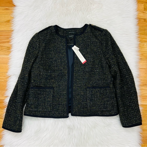 NWT Talbots Wool/Alpaca/Metallic Blend Blazer Olive/Navy Blue Fabric Knit Italy - Picture 3 of 15